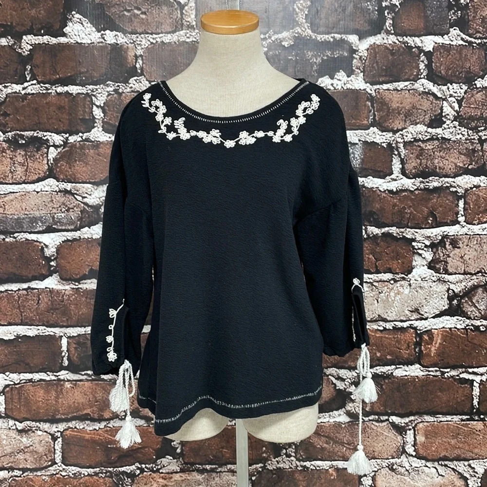 Caslon Top Shirt Blouse NWT Black Bell Sleeves Tassels Floral Embroidery Small